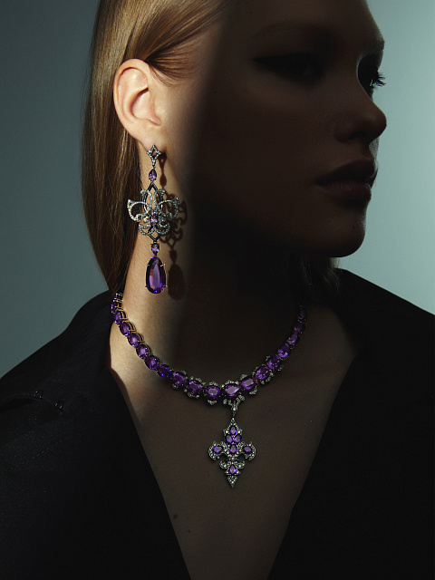 Black Gold Amethyst & Diamonds Fleur-de-Lys Earrings, 4