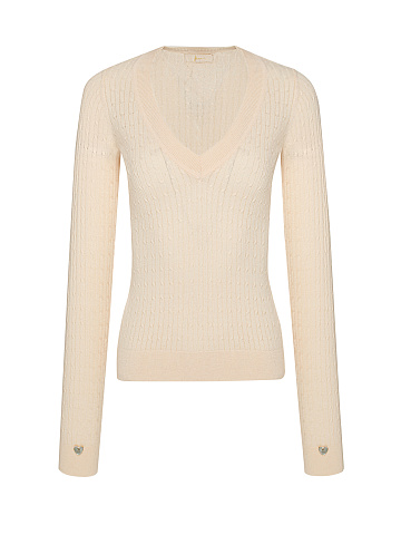 Beige Braided Cashmere V-neck Sweater, 1