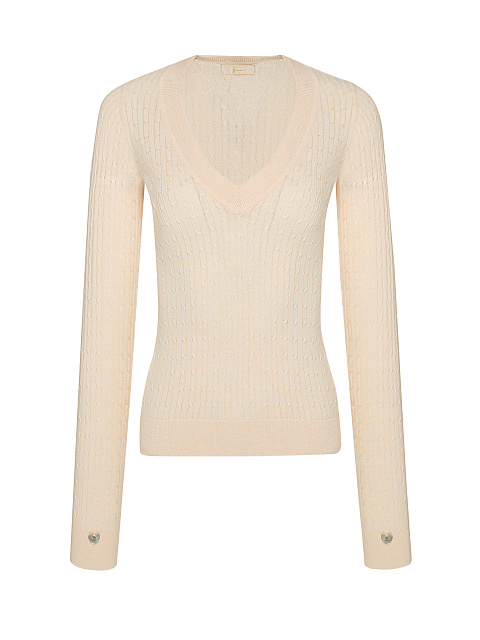 Beige Braided Cashmere V-neck Sweater, 1 Beige Braided Cashmere V-neck Sweater, 1