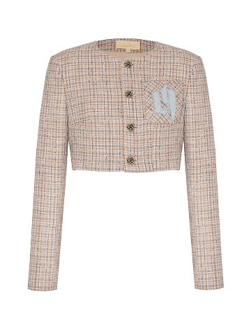 Beige and light blue cropped tweed jacket, 1