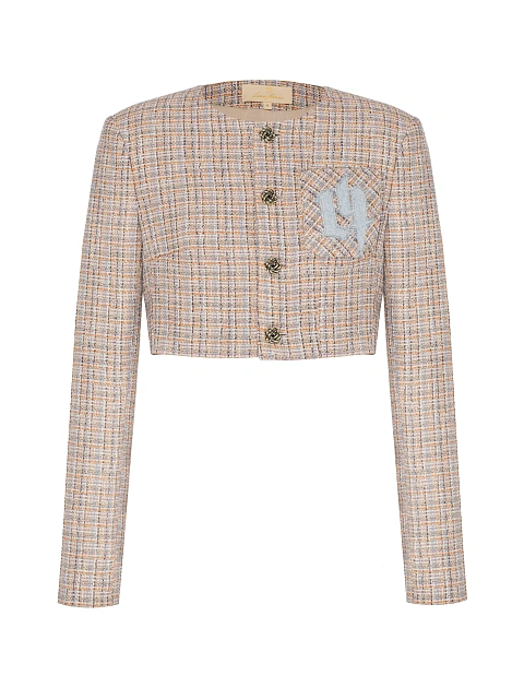 Beige and light blue cropped tweed jacket, 1 Beige and light blue cropped tweed jacket, 1