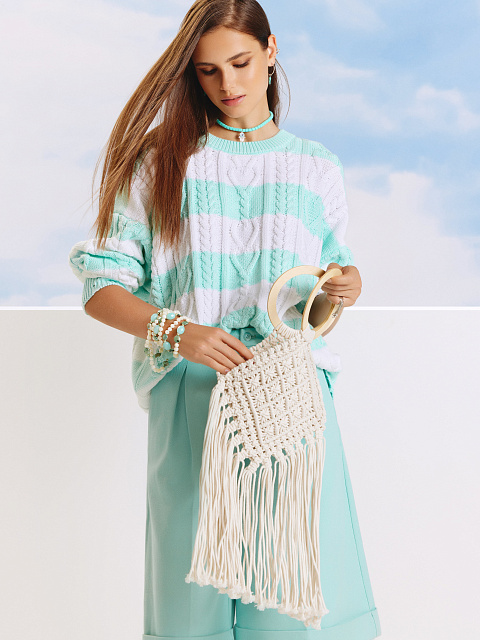 White & Mint Striped Distressed Cable Knit Sweater, 4