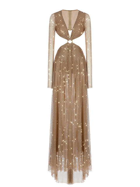 Beige Mesh Rhinestones Cut-out Maxi Derss, 1 Beige Mesh Rhinestones Cut-out Maxi Derss, 1