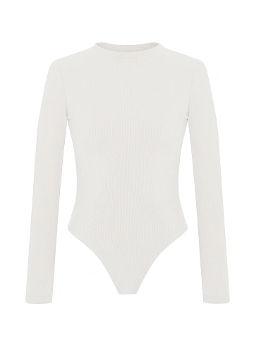 White Ribbed Cotton L/S Round Neck Bodysuit, 1