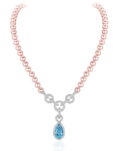 White gold pendant necklace with blue diamond and pink pearls, 1