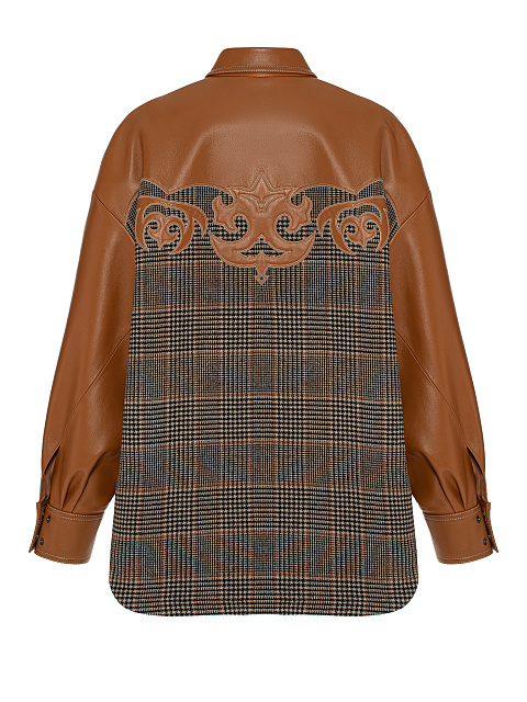 Brown Leather Trim Houndstooth Wool Shirt, 2 Brown Leather Trim Houndstooth Wool Shirt, 2