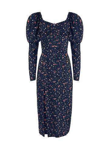 Dark Blue Floral Print Midi Dress, 1