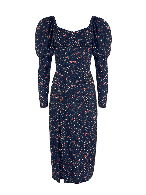 Dark Blue Floral Print Midi Dress, 1