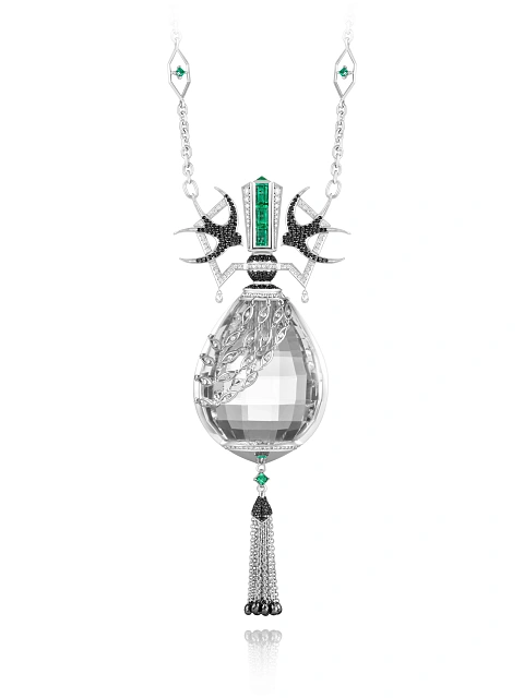 Vinaigrette necklace in white gold with diamonds, emeralds and quartz, 1