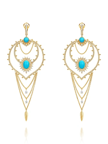 Long gold-plated silver earrings with turquoise and cubic zirconia, 1