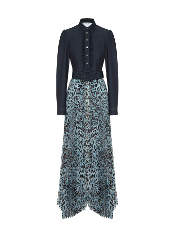 Blue Denim & Chiffon Pleated Dress, 1