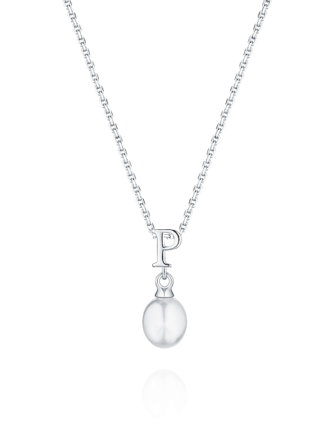 Silver necklace with a pendant with the letter P and a pearl, 1