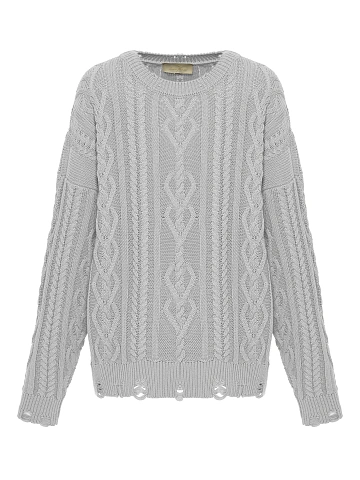 Light Grey Unisex Cable Knit Cotton Sweater, 1