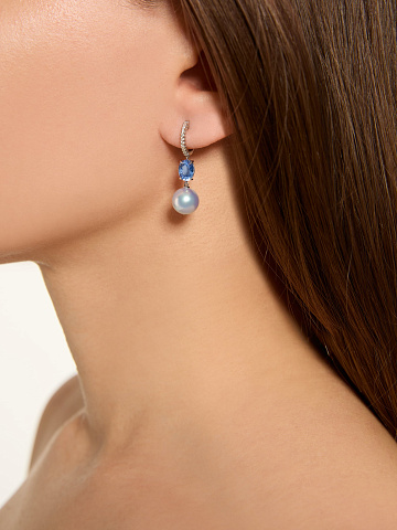 Oval Sapphire, Grey Bead Pearl, Round Diamond & White Gold Earrings, 2