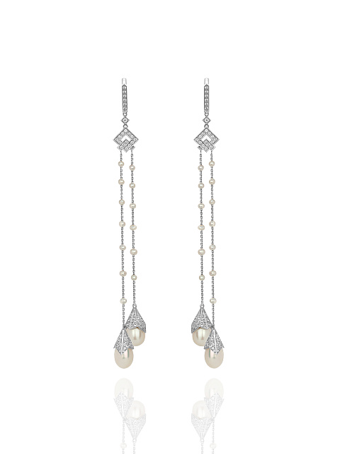 White Gold, Clear Topaz & Pearls Drop Earrings, 1