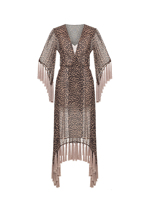 Leopard print chiffon dress with pink fringe, 1 Leopard print chiffon dress with pink fringe, 1