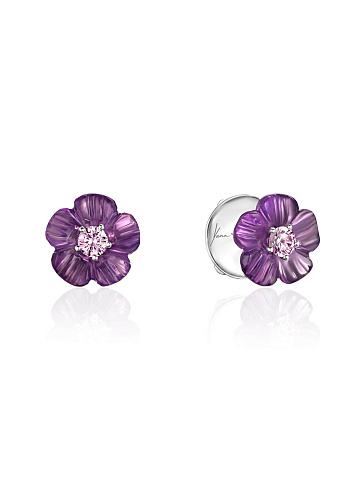 White gold studs with carved amethyst and pink sapphire, 1