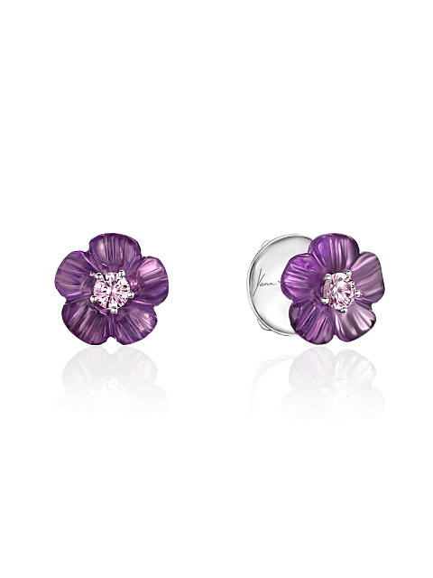 White gold studs with carved amethyst and pink sapphire, 1