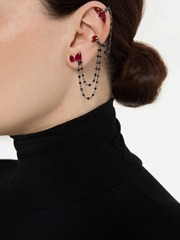 Earrings with ear cuff in blackened gold with rubies and black diamonds, 2