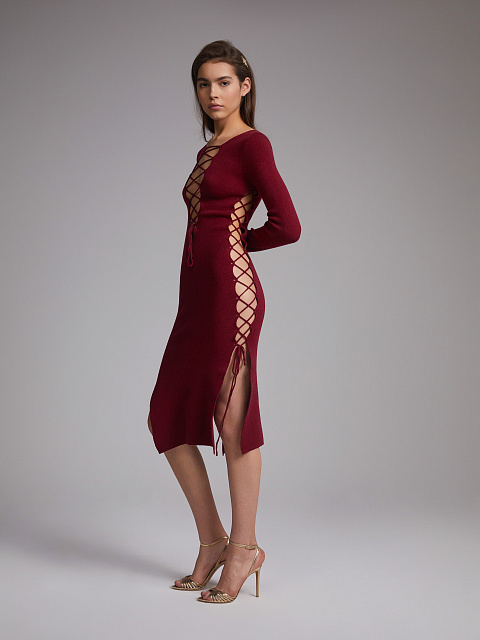 Bordeaux Lace Up Jersey Midi Dress, 5 Bordeaux Lace Up Jersey Midi Dress, 5