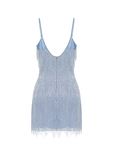 Light Blue Beaded Fringe Chiffon Mini Dress, 2