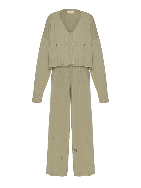 Khaki Knitted Cardigan, Top & Pants Set, 1 Khaki Knitted Cardigan, Top & Pants Set, 1