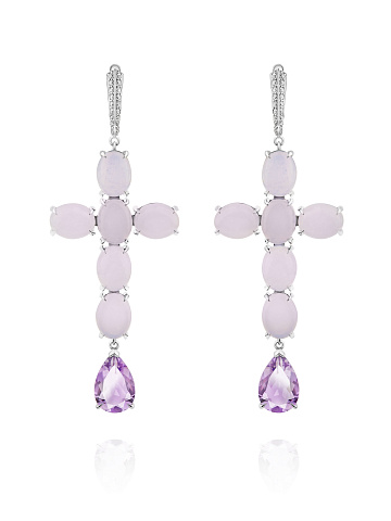 White gold earrings with oval-cut chalcedony and pear-cut amethyst, 1