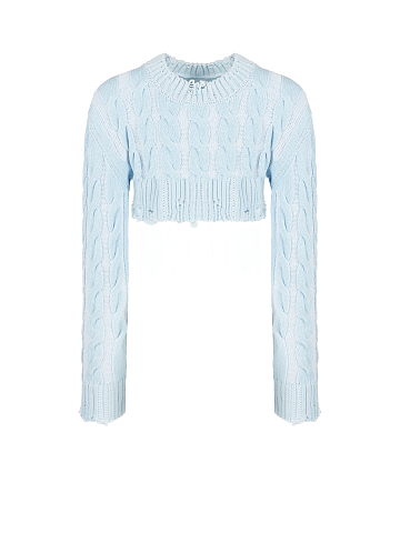 Light Blue Distressed Cable Knit Super Cropped Sweater, 1