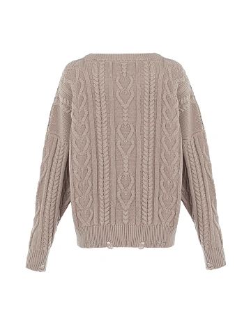Dust Beige Distressed Cable Knit Sweater, 2