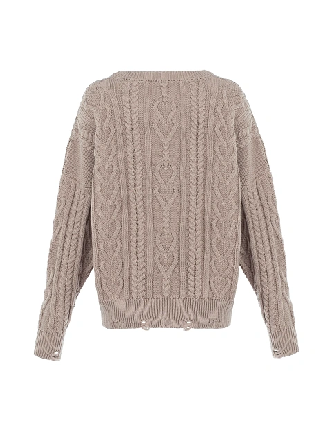 Dust Beige Distressed Cable Knit Sweater, 2 Dust Beige Distressed Cable Knit Sweater, 2