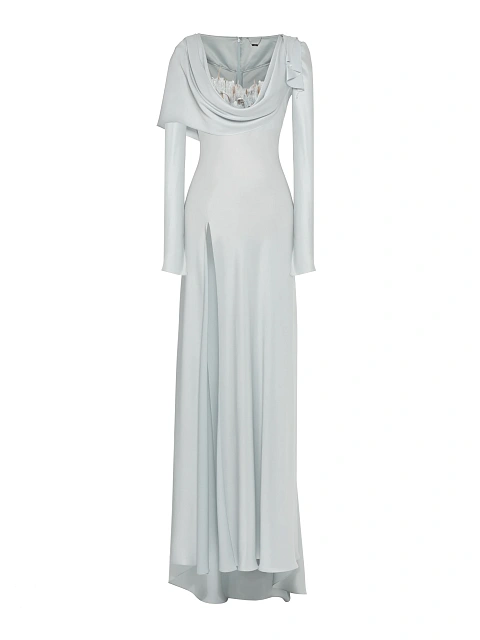 Grey Feathered & Draped Silk Maxi Dress, 1