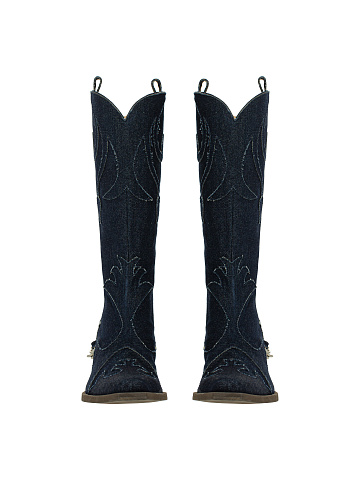 Blue Denim Embroidered Cowboy Boots, 2