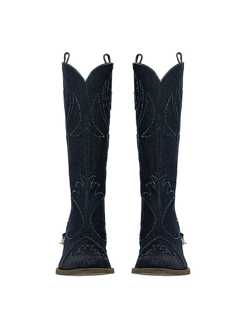 Blue Denim Embroidered Cowboy Boots, 2