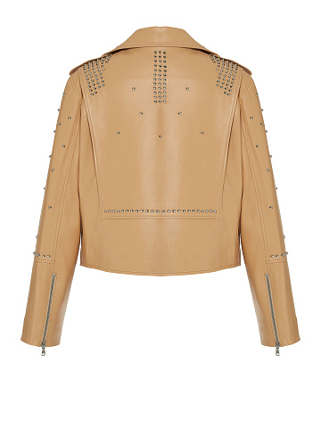 Beige Studded Leather Biker Jacket, 2