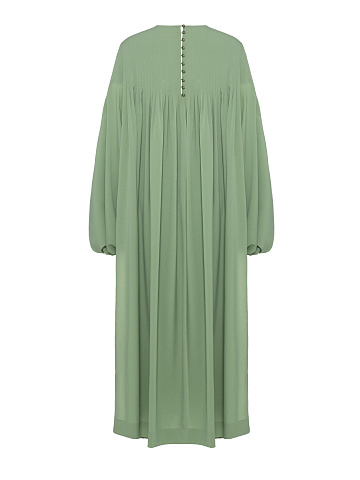 Green crepe silk suit, tunic trimmed with embroidery, joggers with elastic waistband, 2