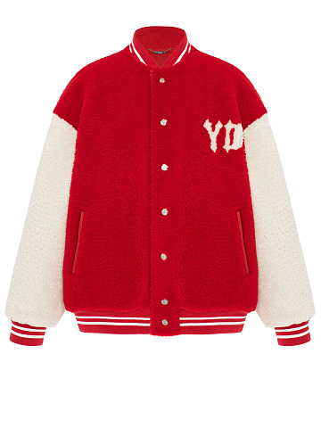 Red Oversized Shearling Bomber Jacket, 1
