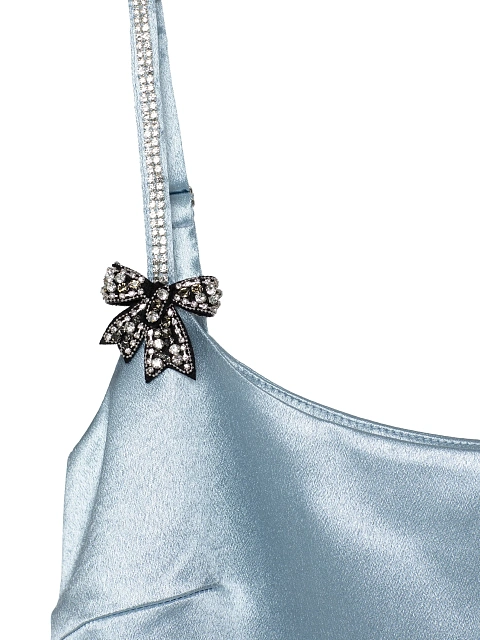 Blue Satin Mini Dress With Rhinestone Bows, 6 Blue Satin Mini Dress With Rhinestone Bows, 6