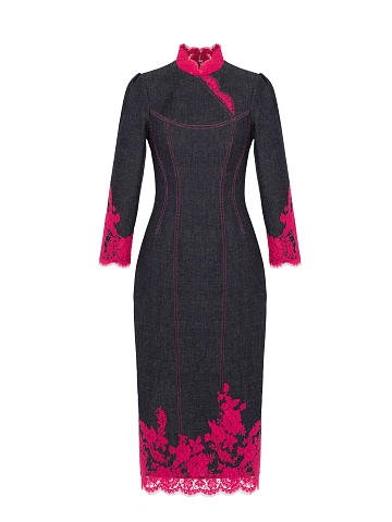 Black Pink Lace Trim Denim Midi Dress, 1