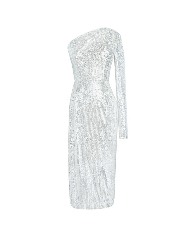 Silver Sequined Asymmetric Midi Dress , 1