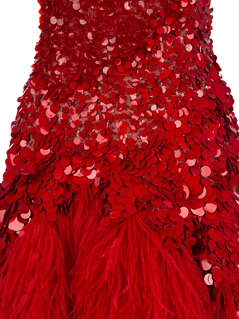 Red Feather-Trimmed & Sequined Midi Dress, 3