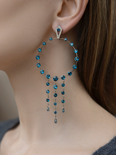 London Blue Topaz, Gray Round Diamond & White Gold Hoop Earrings, 2