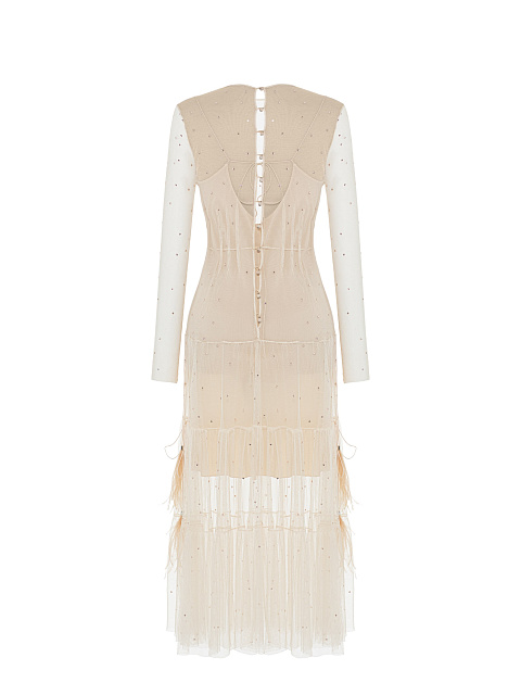Beige Crystal Mesh Midi Dress, 2