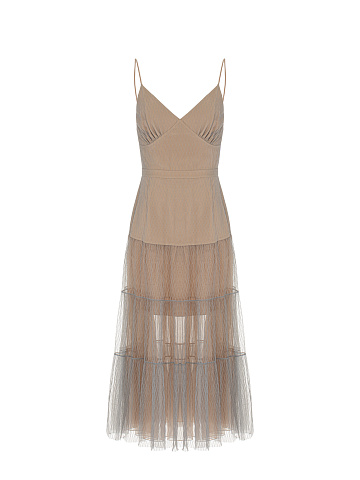 Beige Mesh & Organza Midi Dress, 1
