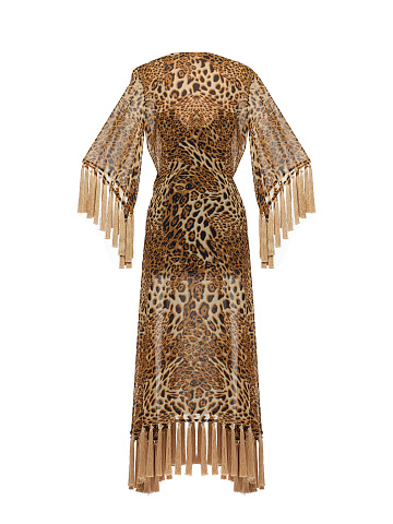 Leopard Fringed Chiffon Wrap Dress, 2