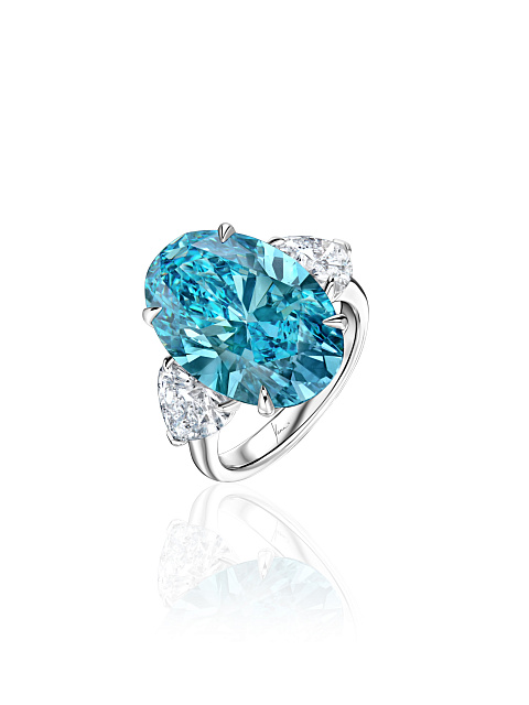 White gold ring with blue lab-grown diamond in oval cut, 1