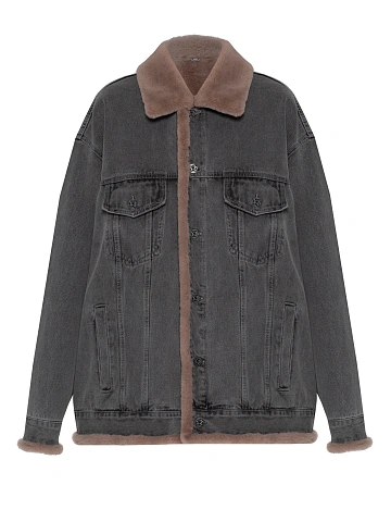 Grey Denim & Brown Shearling Oversized Jacket, 1