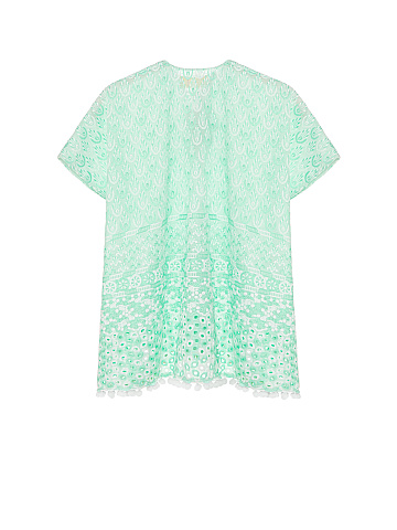 Kid's Green & White Pompon Trim Cotton Tunic Dress, 2