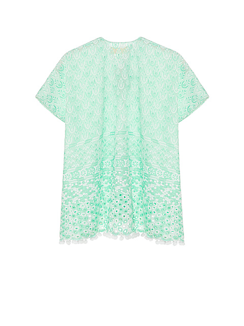 Kid's Green & White Pompon Trim Cotton Tunic Dress, 2 Kid's Green & White Pompon Trim Cotton Tunic Dress, 2