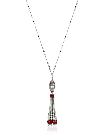 Round Diamond & Ruby & Grey Pearl & White Gold Necklace, 1