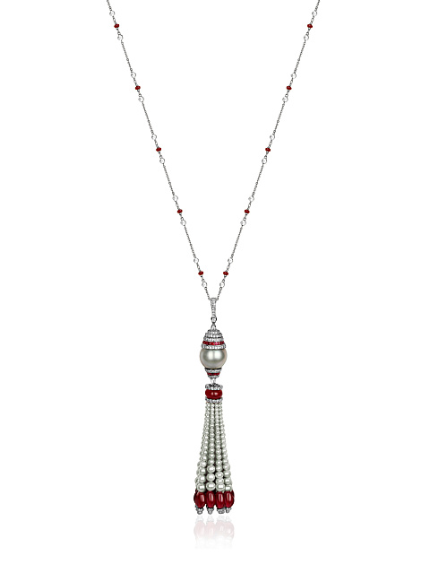 Round Diamond & Ruby & Grey Pearl & White Gold Necklace, 1